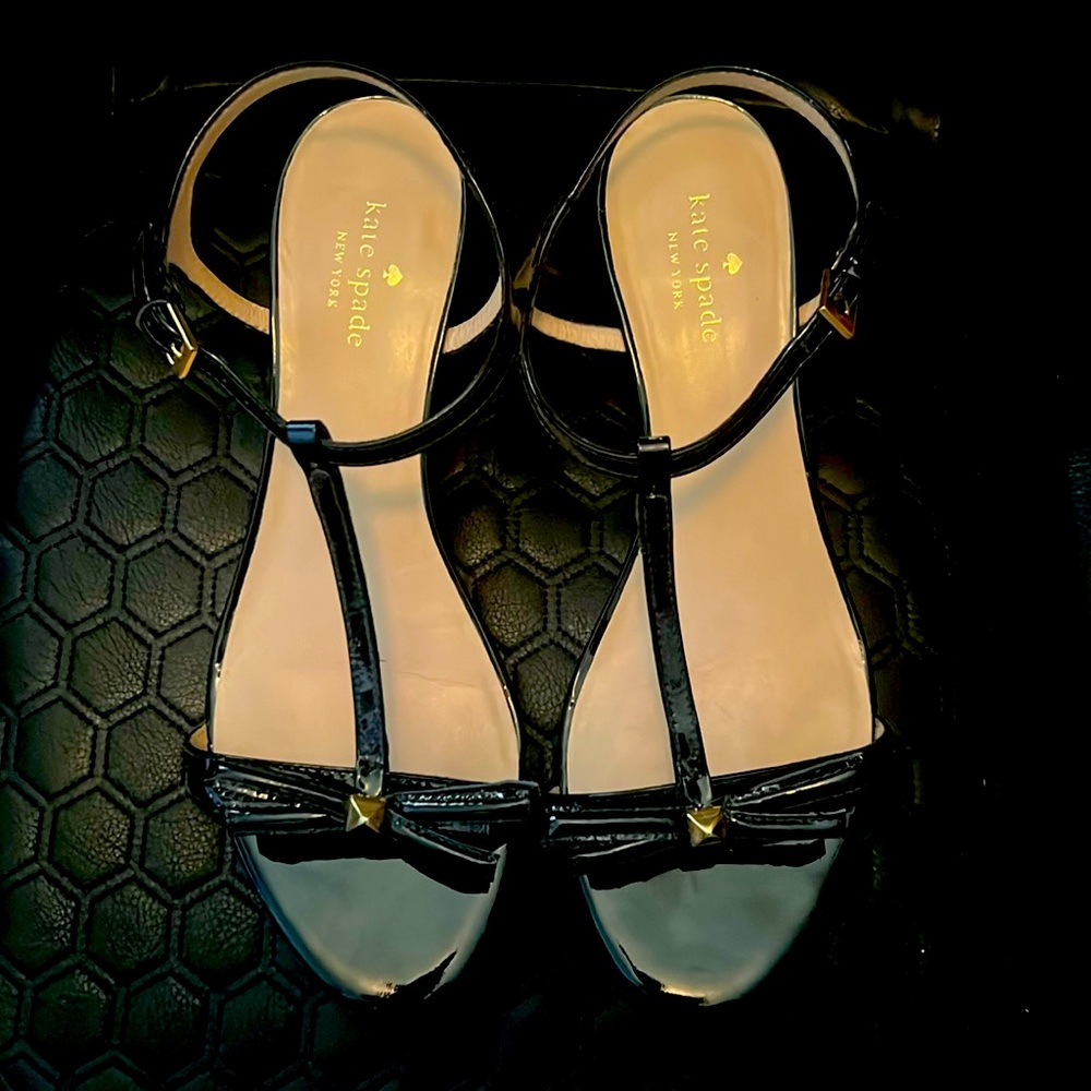 Kate Spade Black Patent Studded Bow sandal wedges